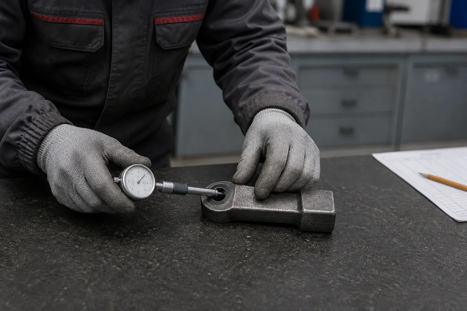 Inspector checking the bore of a forged steel component with a handheld gauge