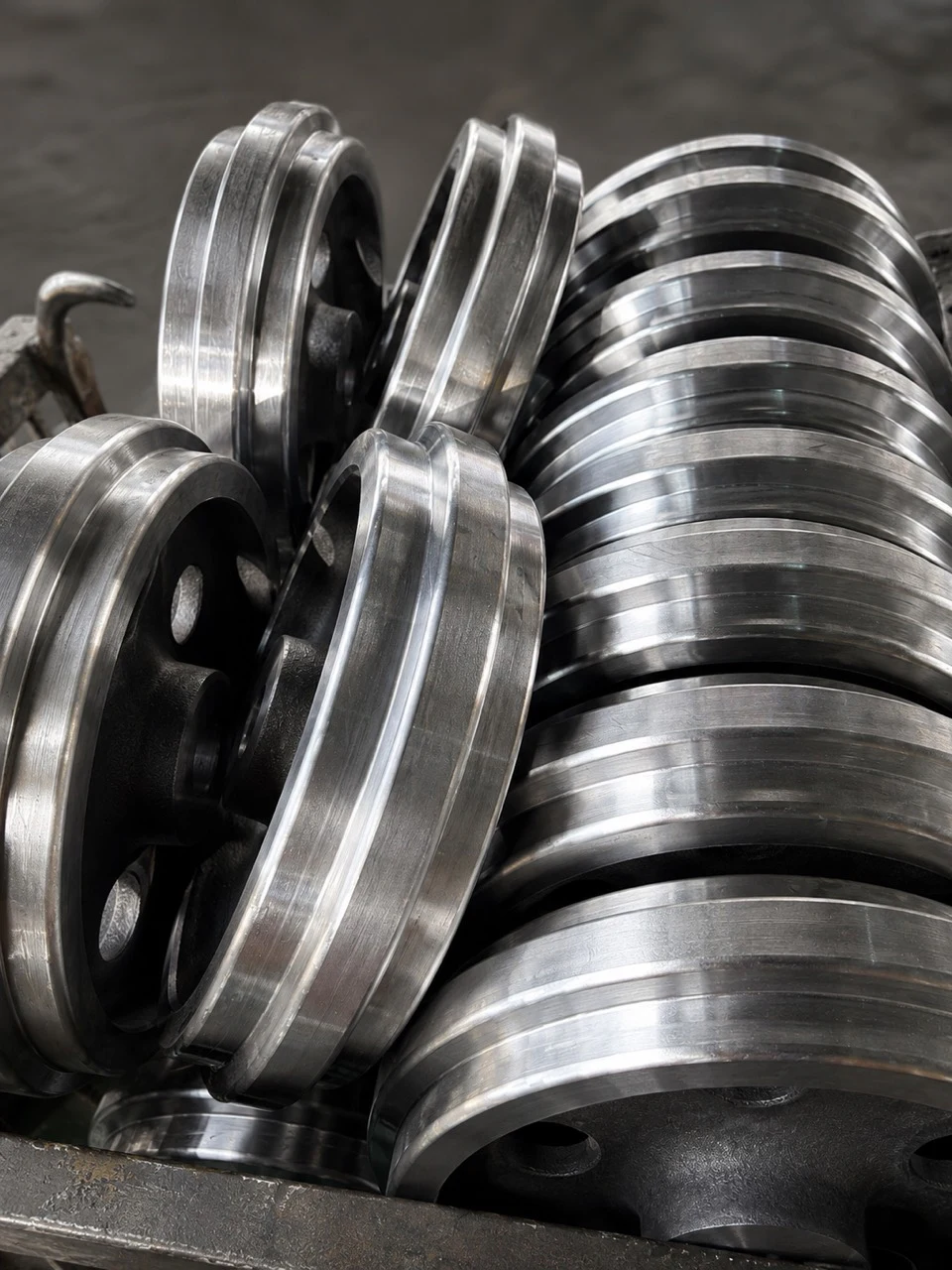 Batch of forged steel wheel components with machined outer surfaces